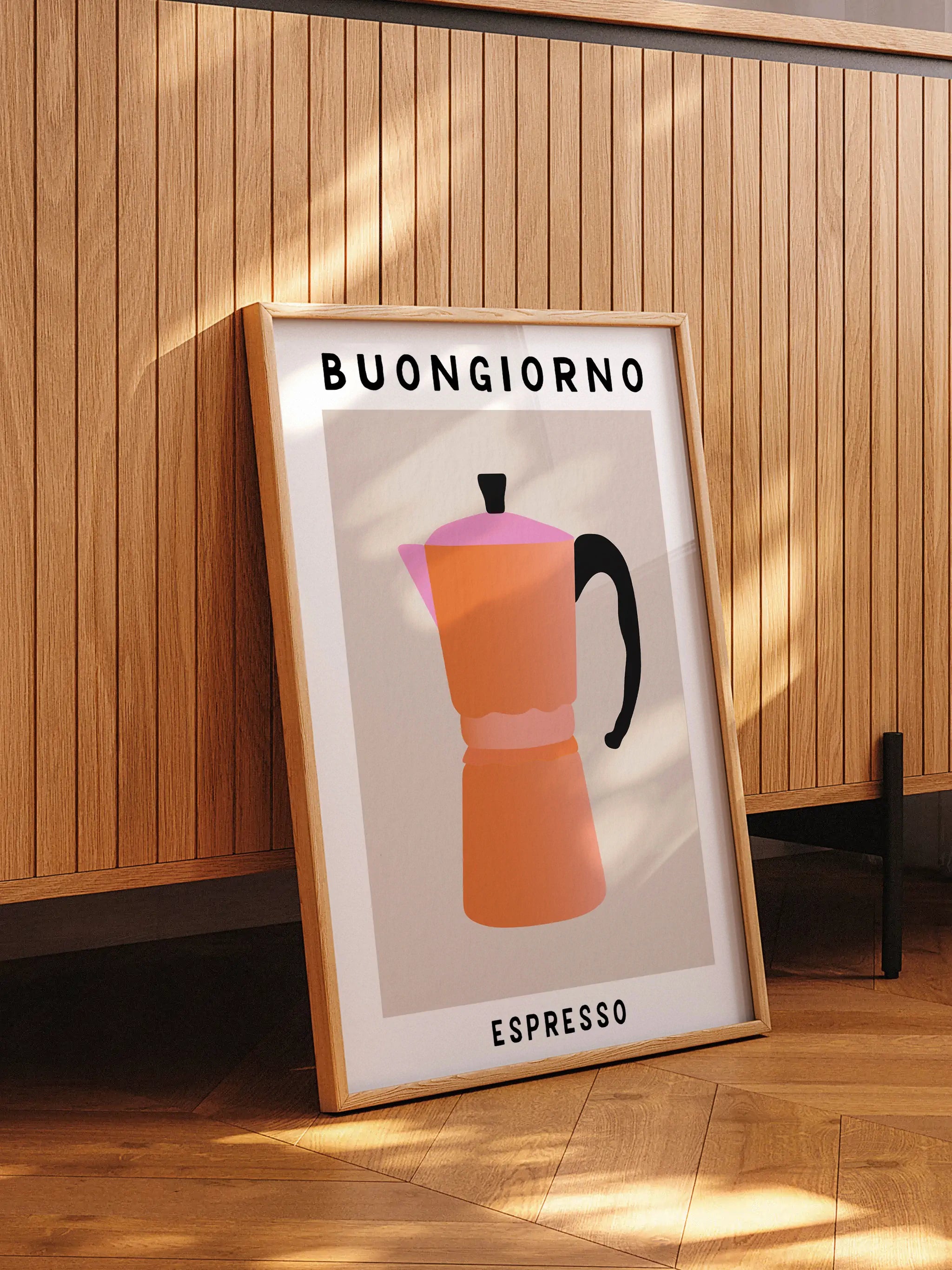 Italian-style espresso wall art with a modern moka pot illustration