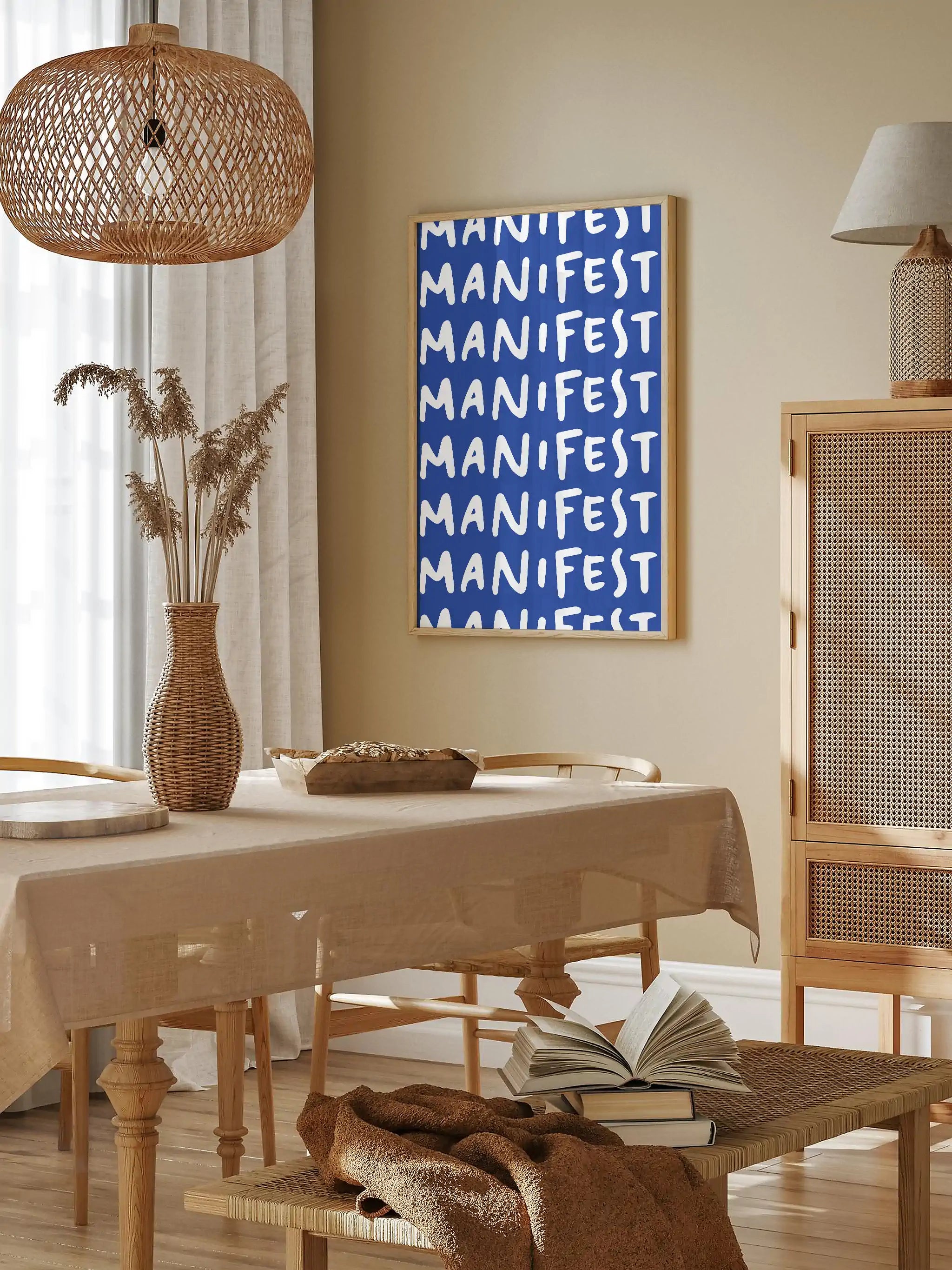 Repeated "Manifest" typography in white on a bold blue background.