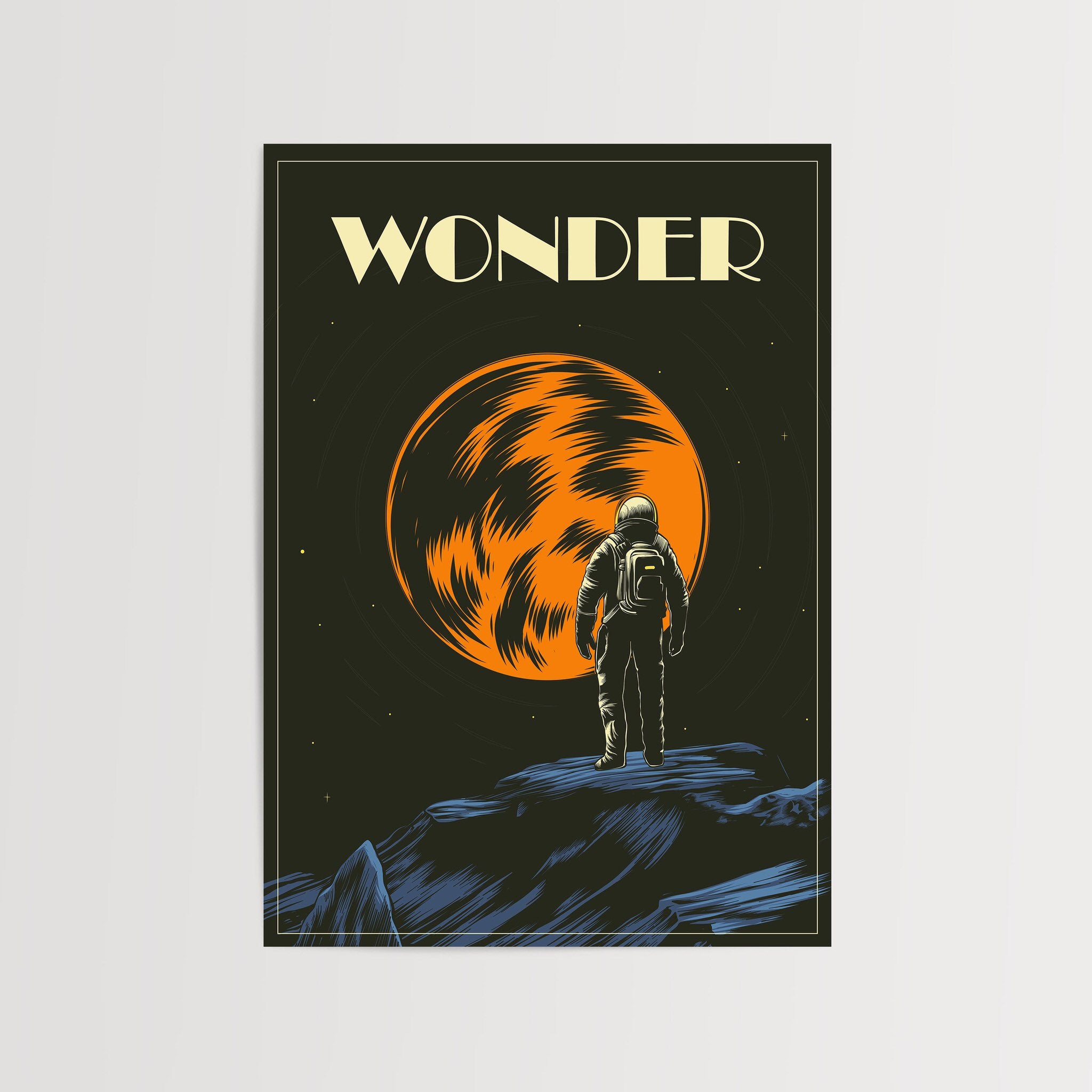 Wonder art print with astronaut and distant planet design